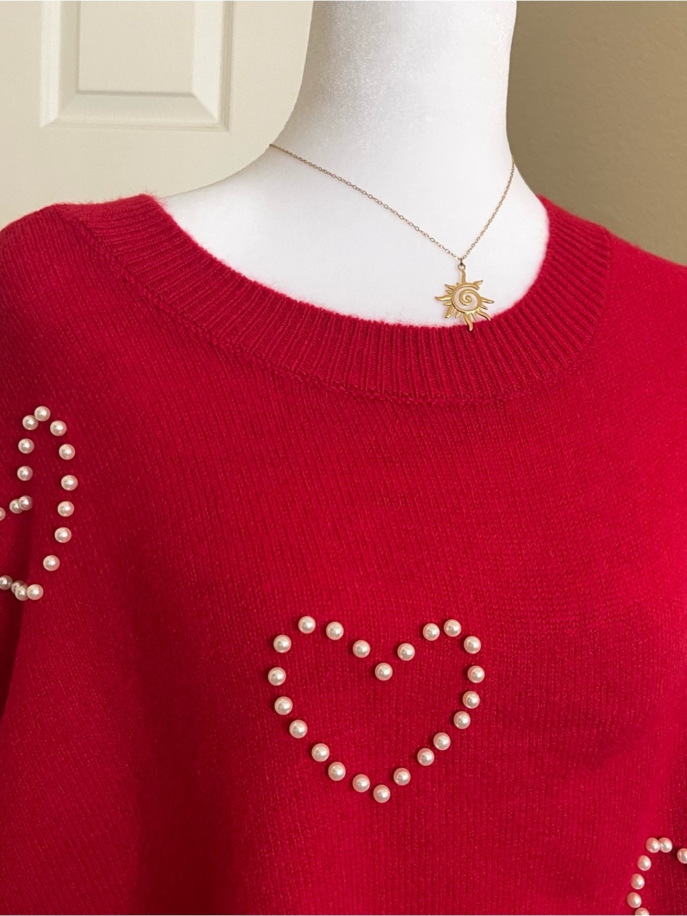 Vince Camuto Red Knit Sweater with Pearl Heart-shaped Embellishments | Size XL - Picture 3 of 8